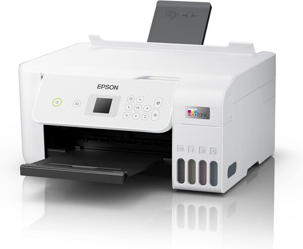 Epson Imprimante EcoTank ET-2826 avec réservoirs, Multifonction 3-en-1: Scanner / Copieur, A4, Jet d'encre couleur, Wifi Direct, Ecran, Faible coût par page, Kit d'encre inclus, Compact