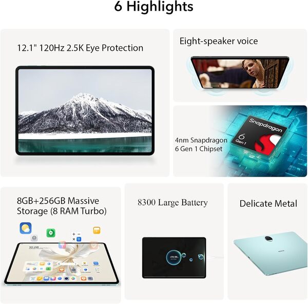 HONOR Pad 9 8Go 256Go Tablette, 12.1 Pouces 120Hz 2.5K Fullview Display, Snapdragon 6 Gen 1, 8 Haut-parleurs, Metal Body, Android 13, Google Service WiFi Tablet, Gris