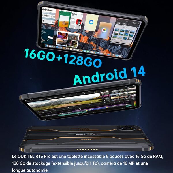 OUKITEL RT3 Pro Tablette Incassable - Android 14 Tablette Tactile 8 Pouces,16GORAM + 256GO ROM (TF 1To),4G Double SIM,Tablette Durcie 5150mAh,16MP Caméra, IP68/GPS/OTG/NFC/2Ans Garantie,Vert