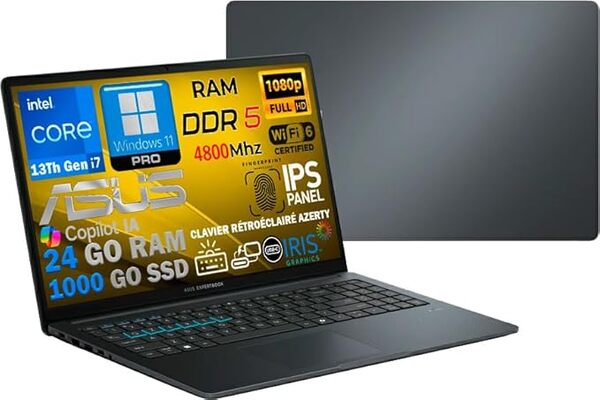 ASUS Ordinateur Portable Intel i7 13ème 10 Coeurs 5Ghz, RAM 24 Go DDR5, SSD PCIe 1To, écran IPS 15,6 Full HD, WiFi6E, 4USB, Empreinte Digitale, Clavier rétroéclairé, Win11, déjà configuré, AZERTY