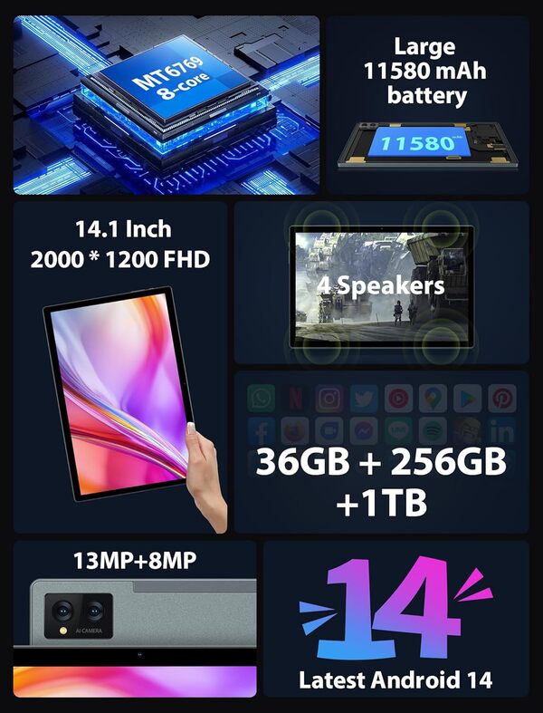WOREGOO Tablette 14 Pouces Android 14, Tablette Tactile 5G WiFi et 4G LTE, 36GB RAM + 256GB ROM(1TB TF), Octa-Core/Ecran 2K/BT5.0/13MP+8MP/11580mAh/GPS/GMS avec étui et Stylet, Gris