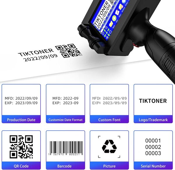 TIKTONER 127T1 Imprimante à Jet d'encre Portable, Hauteur d'impression 2 à 12,7 mm Pistolet Imprimante Portative, Machine de Codage à Jet d'encre Portable pour Texte Date Numéro de Lot Código QR