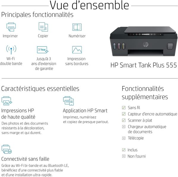 HP Smart Tank Plus 555 Imprimante tout en un - Jet d'encre couleur (Photocopie, Scan, Impression, A4, HP Smart, AirPrint, Wifi)