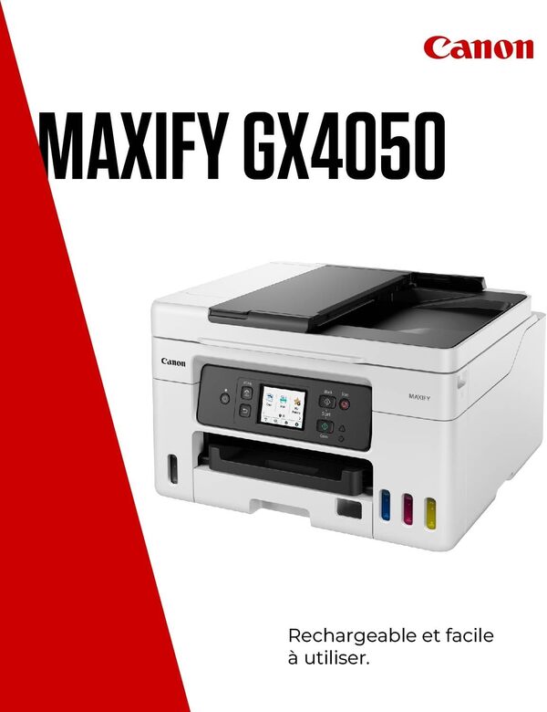 Canon MAXIFY GX4050 Imprimante A4 Couleur, pour la Maison et Le Bureau, Imprimante, Copieur, Scanner, Télécopieur Jet d'encre MegaTank Tout-en-Un, sans Fil, Connectivité Wi-FI, Ethernet et USB