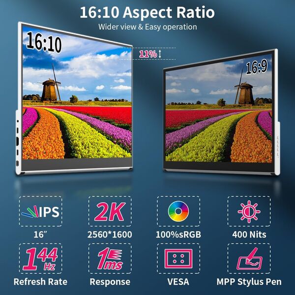 Magedok Écran Tactile Portable 16 Pouces 2K 144 Hz WQHD 100% Moniteur Portable HDR IPS Eye Care Game Display USB C Mini DP HDMI pour Game Console, Ordinateur Portable, Mac, VESA