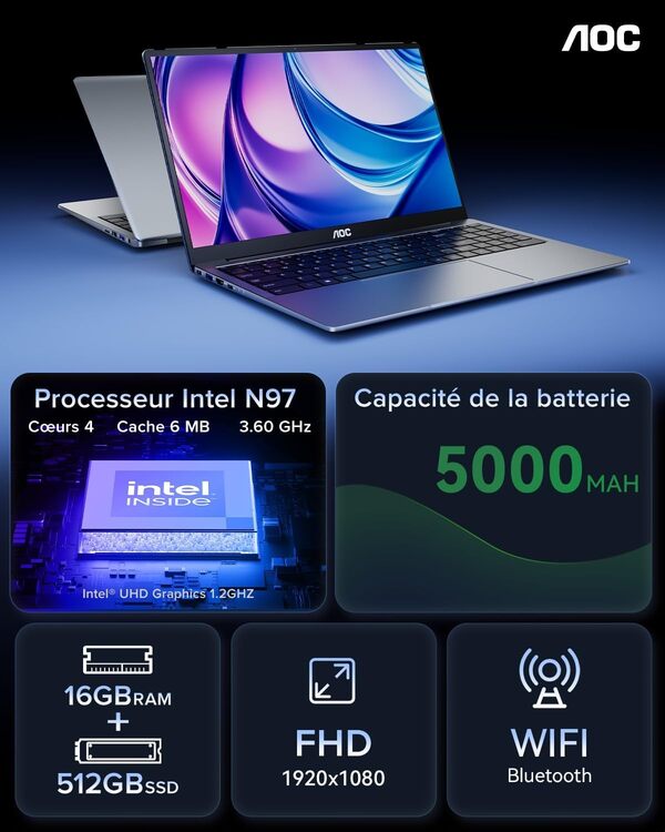 AOC Ordinateur Portable, Boîtier Métallique d'un PC Portable, 15,6 Pouces FHD 16 Go de DDR4 512 Go de SSD,N97 (6M Cache, Jusqu'à 3,60 GHz), Wi-FI, BT5.0, USB 3,2, Type C, HDMI