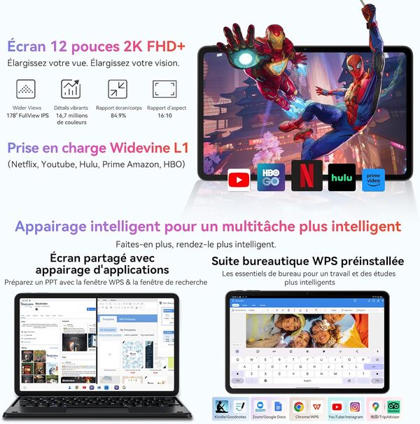 Blackview MEGA2 Tablette Tactile 12 Pouces 2K, Tablette Android 15 avec 24Go RAM+256Go ROM, Octa-Core, 8+16MP, 9000mAh, Widevine L1, 4G LTE/WiFi 6/GMS/GPS/Face ID