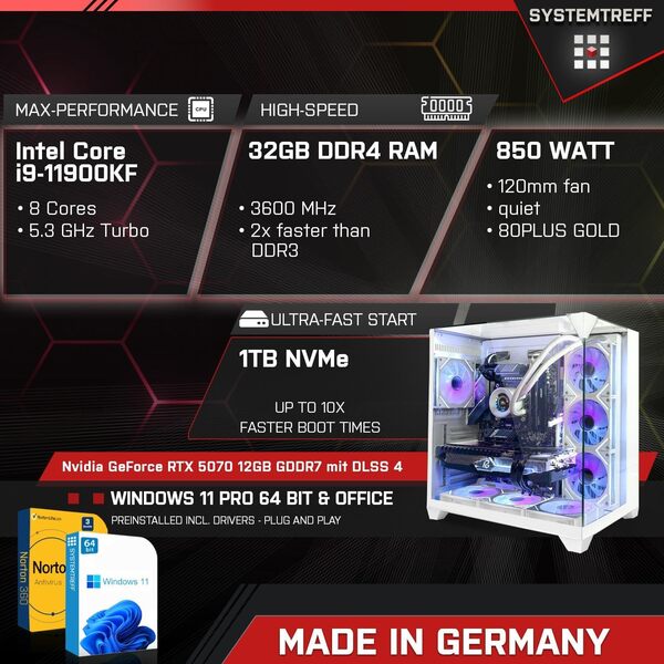 SYSTEMTREFF PC Gamer High-End Intel Core i9-11900KF 8x5.3GHz | Nvidia RTX 5070 12GB | 1To M.2 NVMe | 32Go DDR4 RAM | Windows 11 Pro | Ordinateur de Bureau pour Les Joueurs, Les Gamers & Streamer