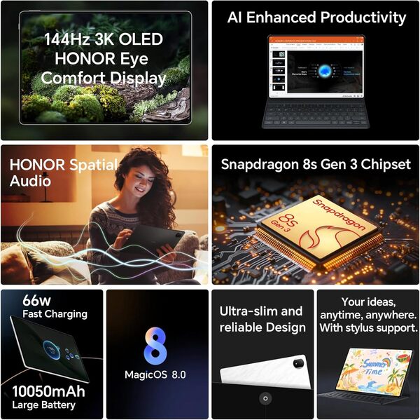 HONOR MAGICPAD 2 WiFi Tablette, 12Go 256Go Tablet, 12.3 Pouces 144Hz 3K OLED, Snapdragon 8s Gen 3, 8 Haut parleurs, 10050mAh Battery, Android 14, Google Service, Blanc