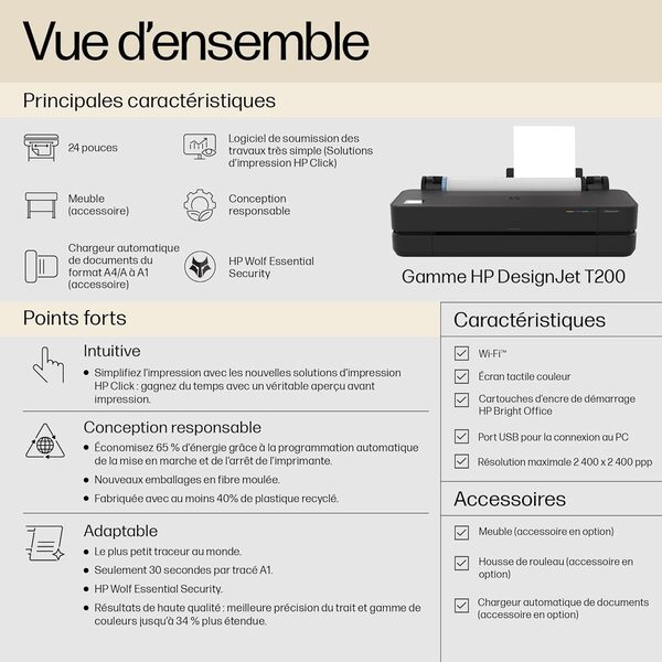 HP DesignJet T250 24, 61cm, Imprimante Grand Format, Traceur, Standard A4-A1, 76 Impressions A1/h, Wi-FI, Ethernet, USB, 2400x1200dpi, Métal recyclé, Version 2025, Garantie 2 Ans, Click, Noir