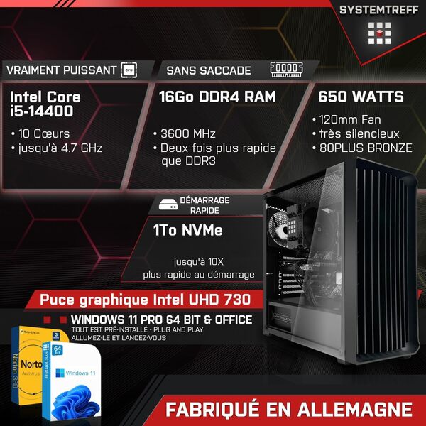 SYSTEMTREFF PC de Bureau Intel Core i5-14400 10x4.7GHz | UHD 730 | 1To M.2 NVMe | 16Go DDR4 RAM | Windows 11 | Ordinateur de Bureau Silencieux avec WLAN pour Usage Professionnel multimédia