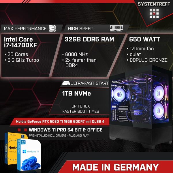 SYSTEMTREFF PC Gamer High-End Intel Core i7-14700KF 20x5.6GHz | Nvidia RTX 5060 TI 16GB | 1To M.2 NVMe | 32Go DDR5 RAM | Windows 11 Pro | Ordinateur de Bureau pour Les Joueurs, Les Gamers & Streamer