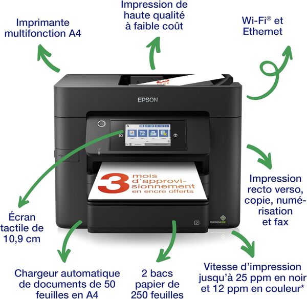 EPSON WorkForce Pro WF-4830 | Imprimante 4-en-1 - Impression recto-verso, Numérisation, Copie, Fax - WiFi Direct, Ethernet, 25ppm Noir/12ppm Couleur, PrecisionCore, ADF, Mobile, Compacte