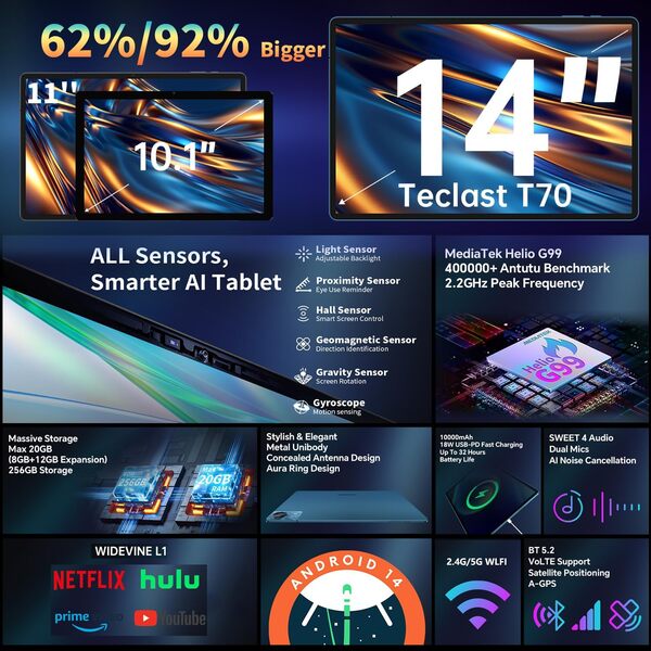 TECLAST T70 Tablette Tactile 14'' Pouces Top Gaming Android Tablet, Helio G99 Octa-Core 2.2GHz CPU, 20Go RAM+256Go(8To TF), Dual SIM 4G LTE + 5GWiFi, 10000mAh/18W/TDDI/GPS/13MP/Widevine L1/3.5MM, 2025