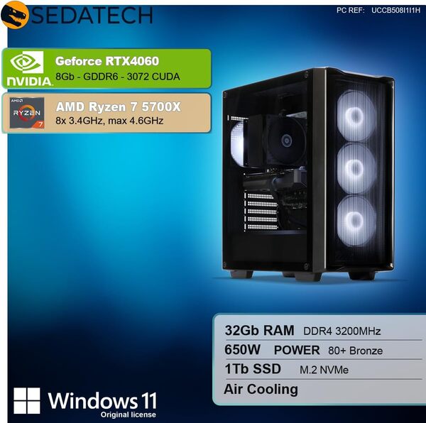 Sedatech PC Gamer Advanced Compact • AMD Ryzen 7 5700X • RTX4060 • 32Go RAM • 1To SSD M.2 • Windows 11