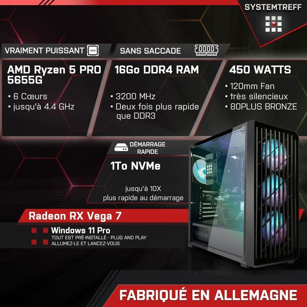 SYSTEMTREFF PC Gamer Basique AMD Ryzen 5 Pro 5655G 6x4.4GHz | AMD RX Vega 7 | 1To M.2 NVMe | 16Go DDR4 RAM | Windows 11 Pro | Ordinateur de Bureau WLAN pour Les Joueurs, Les Gamers