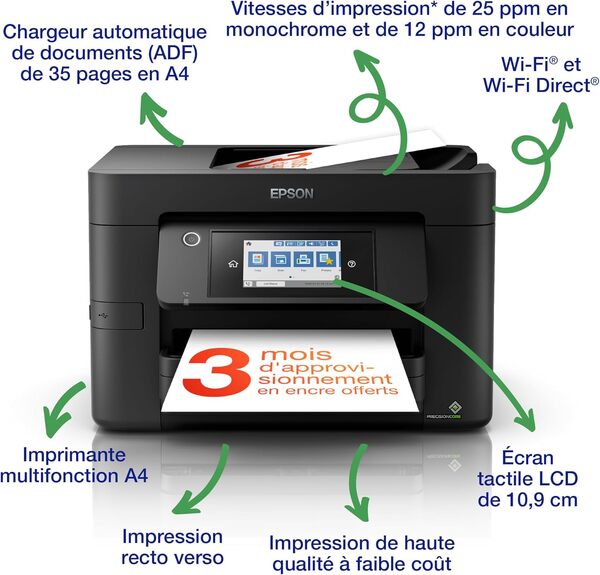 EPSON WorkForce Pro WF-4820DWF | Imprimante 4-en-1 - Impression recto-verso, Numérisation, Copie, Fax - WiFi Direct, Ethernet, 25ppm Noir/12ppm Couleur, PrecisionCore, Mobile, Compacte