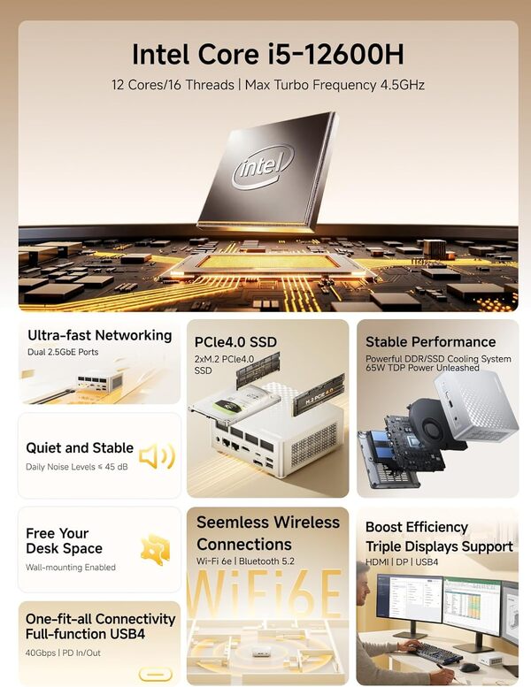 MINIS FORUM M1 Plus Mini PC, Intel Core i5-12600H (12 cœurs/16 Threads, 4,5 GHz), 16 Go de RAM DDR5, SSD de 512 Go, Triple Affichage 4K (HDMI/DP/USB 4.0), Double Connexion 2,5 GbE, Wi-FI 6E