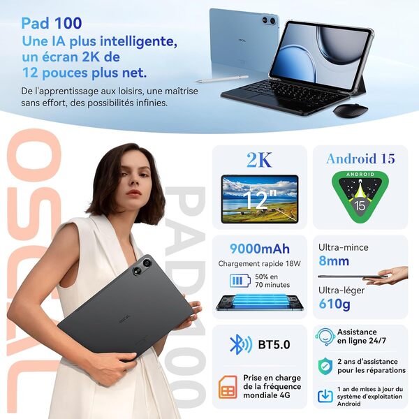 OSCAL Tablette 12 Pouces Android 15, Écran 2K 120Hz, 36Go RAM+256Go ROM, 4G avec Carte SIM, WiFi 5G, Caméra 16MP, Mode PC, Clavier & Stylet Inclus, idéale pour Le Travail Mobile