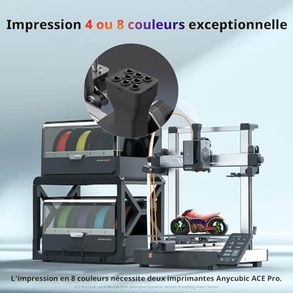 Découvrez les performances de l'imprimante 3D Anycubic Kobra 3 V2 : une solution idéale pour des impressions multicolores efficaces et rapides.