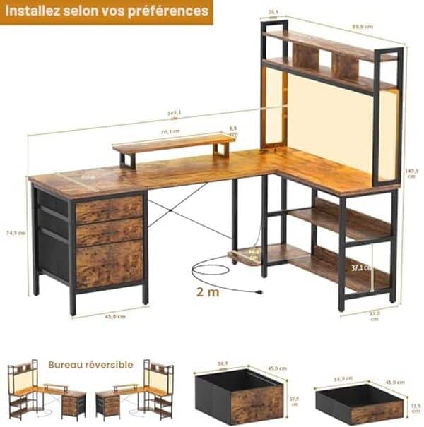 Découvrez le bureau en L iSunirm : un espace de travail moderne avec LED, rangements intégrés et design efficace pour votre productivité. 