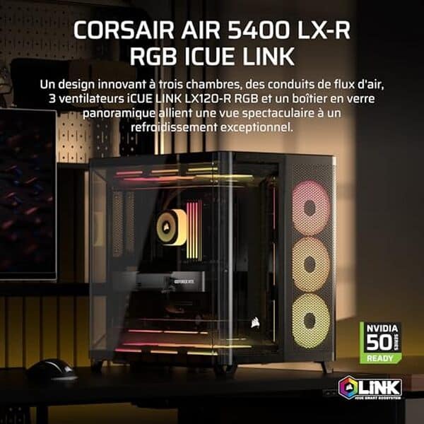 Découvrez notre test complet du boîtier Corsair Air 5400 LX-R RGB avec sa triple chambre de refroidissement et son panneau panoramique noir pour un PC haute performance.